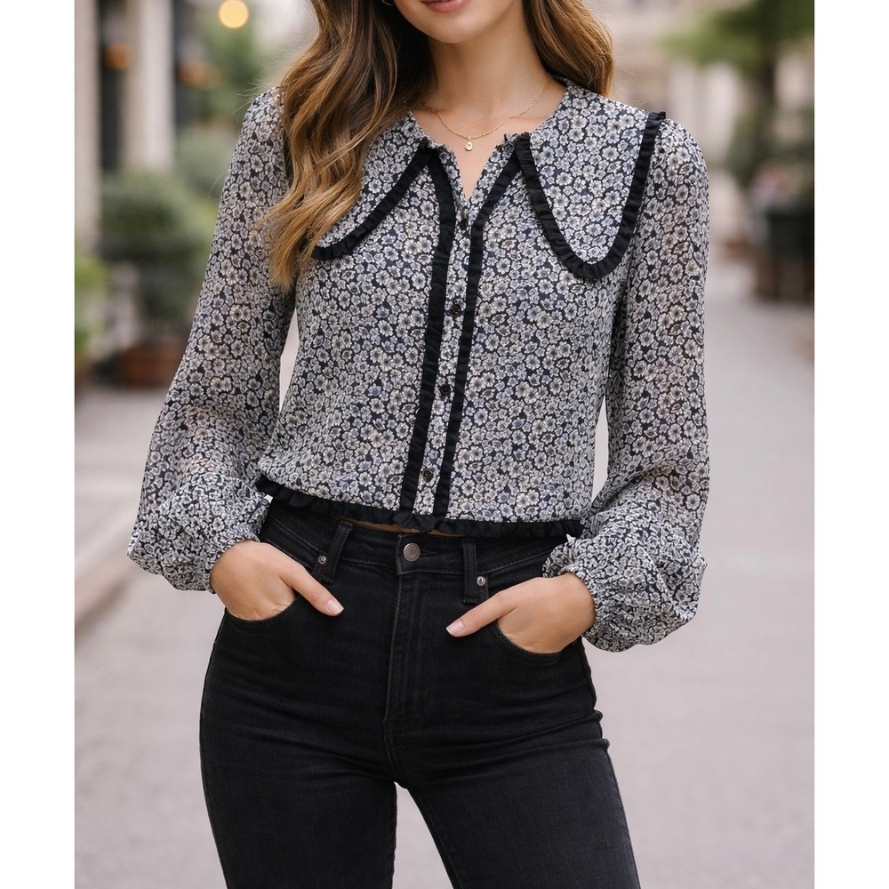 Topshop Ditzy Floral Ruffle Collar Cropped Blouse Size 2 Parisian Romantic